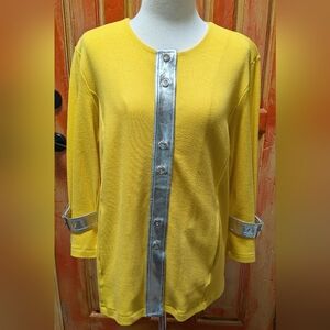Bob Mackie Wearable Art Cardigan Bright Yellow With Metallic Trim & Pockets Sz S